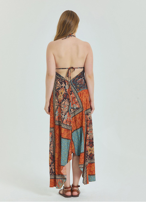 V Neck Backless Halter Neck Coffee Plus Size Dress 4662